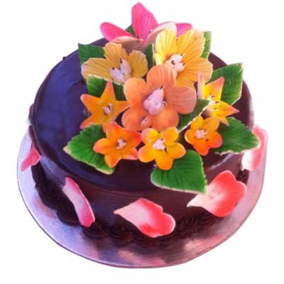 "Chocolate cake with gum paste flowers  - 1.5kgs - Click here to View more details about this Product